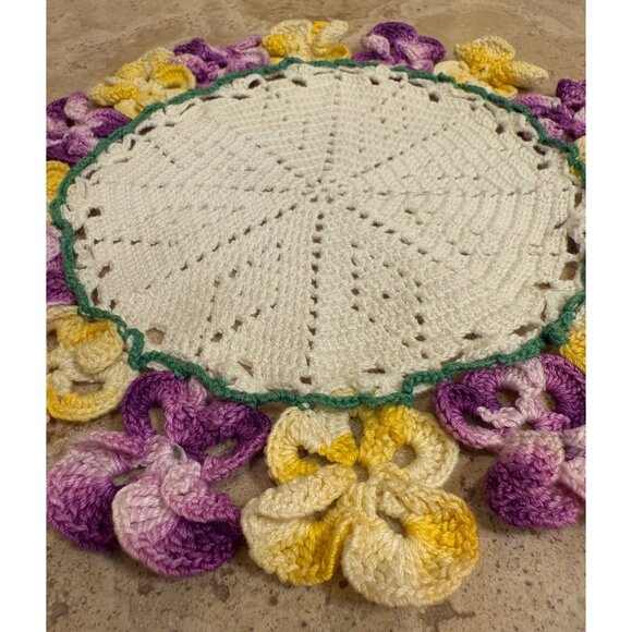 Handmade Crochet Doilies Set Of 2 With Floral Patterns In Blue/White/Green & Pur - Picture 4 of 7